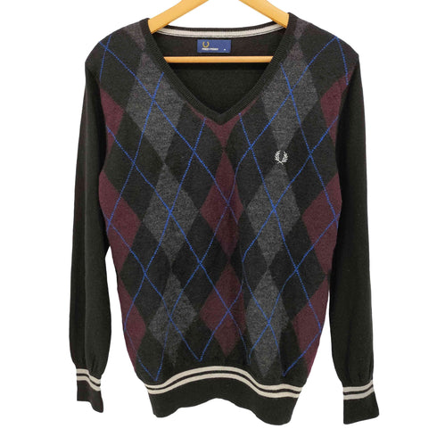 フレッドペリー FRED PERRY ロゴ刺繍 アーガイル柄 ウール Vネック ニット メンズ import:M