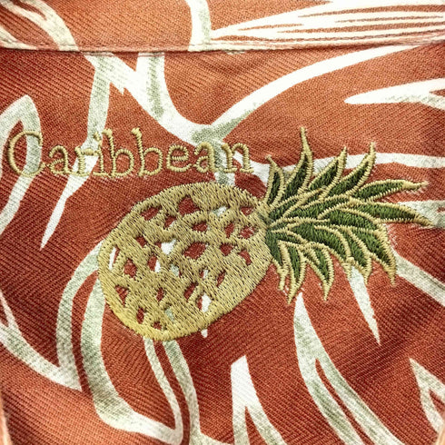 カリビアン Caribbean パイナップル刺繍 リーフ柄 コットンシルク アロハシャツ メンズ import:L