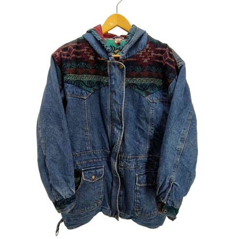 OUT BROOK 90-00S 裏地総柄 ネイティブ 異素材 切り替え ヘビーオンス デニム フーデット カバーオール ジャケット レディース import:L