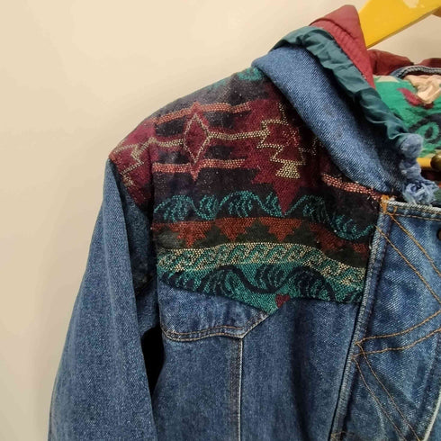 OUT BROOK 90-00S 裏地総柄 ネイティブ 異素材 切り替え ヘビーオンス デニム フーデット カバーオール ジャケット レディース import:L