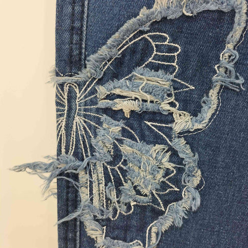 Y2K バタフライフリンジ刺繍 フレアデニム レディース L