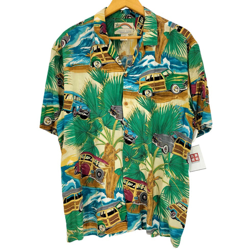 パラダイスファウンド PARADISE FOUND 90s ハワイ製 車 ヤシの木柄 半袖 オープンカラー アロハシャツ メンズ import:L