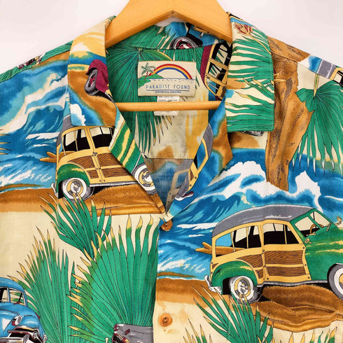 パラダイスファウンド PARADISE FOUND 90s ハワイ製 車 ヤシの木柄 半袖 オープンカラー アロハシャツ メンズ import:L