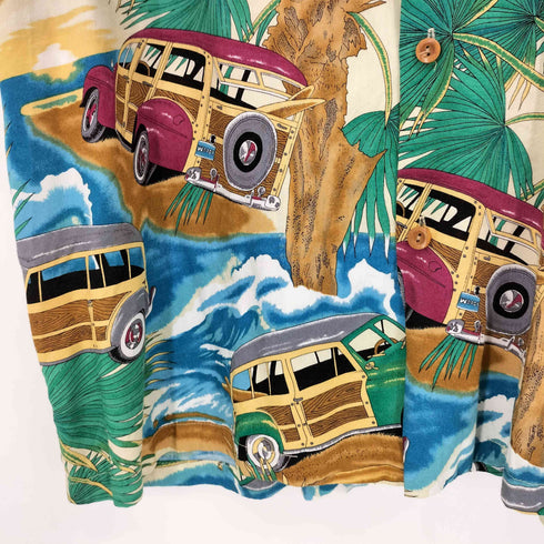 パラダイスファウンド PARADISE FOUND 90s ハワイ製 車 ヤシの木柄 半袖 オープンカラー アロハシャツ メンズ import:L