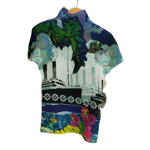 イッセイミヤケミー ISSEY MIYAKE me 総柄 ハイネック S/S プリーツトップス レディース
