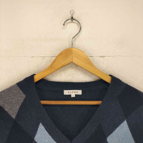 アルファ ALPHA cashmere カシミヤ100% アーガイルセーター メンズ JPN:L