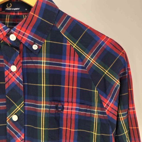 フレッドペリー FRED PERRY タータンチェック クォータースリーブ レギュラーカラーシャツ 七分袖 レディース UK:10