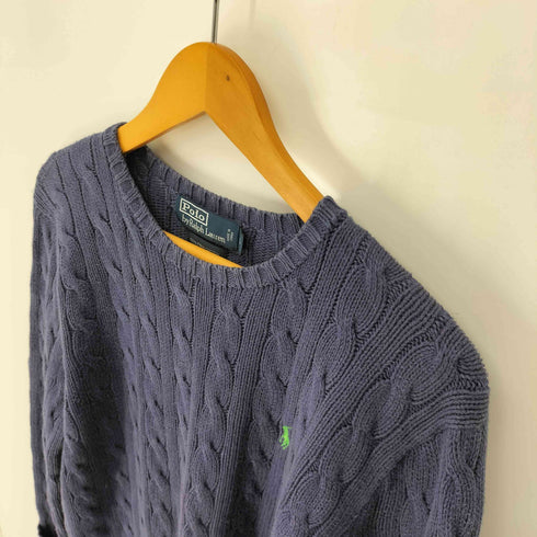 ポロバイラルフローレン Polo by RALPH LAUREN 90S ポニー刺繍 ケーブル編み クルーネック コットンニット セーター レディース import:L