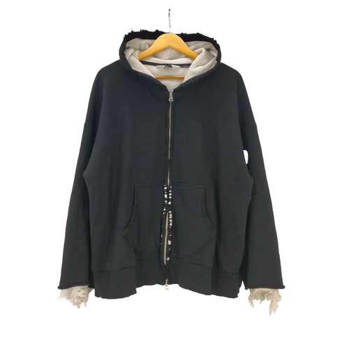 アンセルム ANCELLM 23AW ZIP-UP HOODIE BLACK 裏地 ワッフル サーマル ダメージ 加工 ダブルフェイス ジップ フーディー パーカー バック ペイント ステッチ 装飾 カスタム メンズ JPN:2