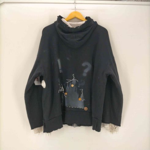 アンセルム ANCELLM 23AW ZIP-UP HOODIE BLACK 裏地 ワッフル サーマル ダメージ 加工 ダブルフェイス ジップ フーディー パーカー バック ペイント ステッチ 装飾 カスタム メンズ JPN:2