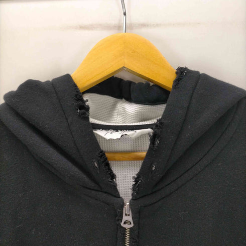 アンセルム ANCELLM 23AW ZIP-UP HOODIE BLACK 裏地 ワッフル サーマル ダメージ 加工 ダブルフェイス ジップ フーディー パーカー バック ペイント ステッチ 装飾 カスタム メンズ JPN:2