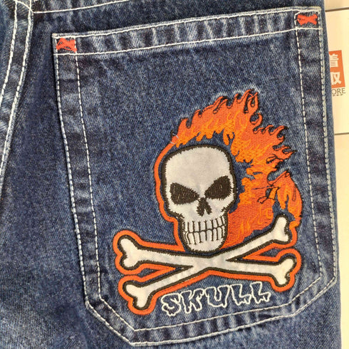 スカルジーンズ SKULL JEANS スカルロゴ刺繍 ストレートデニムパンツ メンズ US:28-29