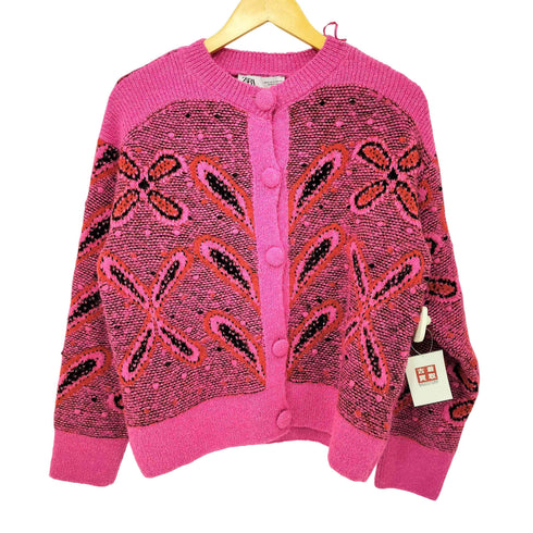 ザラ ZARA フラワーパターン 花柄 ジャガード ニット カーディガン レディース import:M