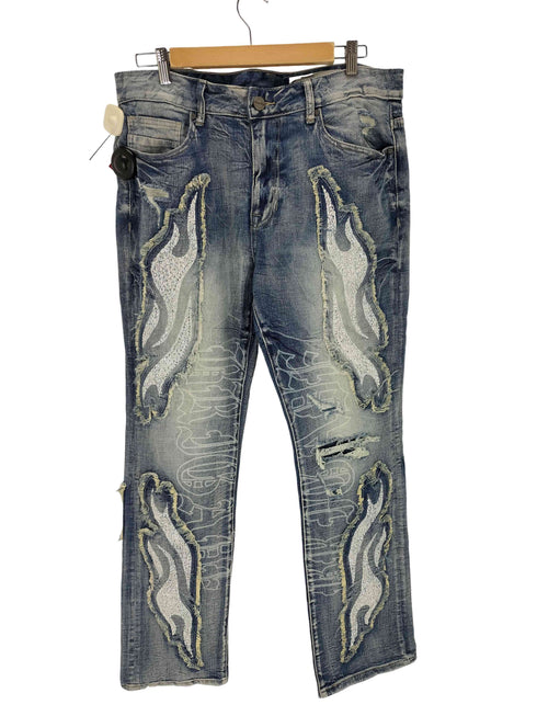 SMOKE RISE LONG STRAIGHT DYSTOPIA FRAY PATCHED JEANS メンズ 34