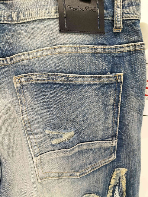 SMOKE RISE LONG STRAIGHT DYSTOPIA FRAY PATCHED JEANS メンズ 34