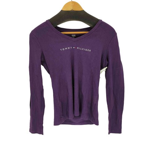 トミーヒルフィガー TOMMY HILFIGER ストーンロゴ vネック L/S Tシャツ レディース import:M