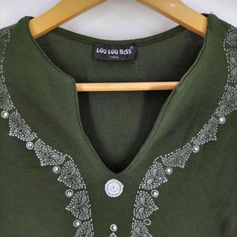 LOU LOU BESS PARIS ラインストーン 袖ドローコード 総柄プリント スリットネック ロングスリーブTシャツ y2k レディース