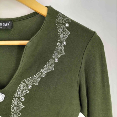 LOU LOU BESS PARIS ラインストーン 袖ドローコード 総柄プリント スリットネック ロングスリーブTシャツ y2k レディース