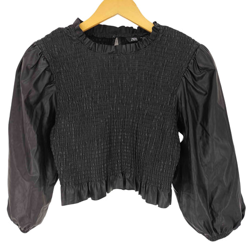 ザラ ZARA シャーリング フェイクレザー ブラウス レディース import:L