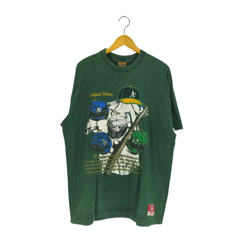ナツメグ NUTMEG 90s USA製 MLBチーム バット キャッププリント クルーネック半袖Tシャツ メンズ import:XL