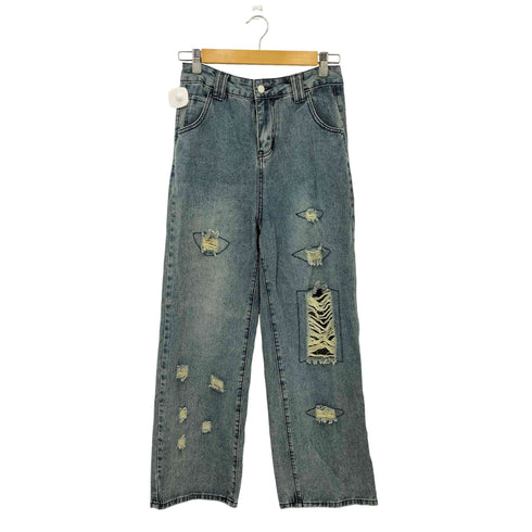ダメージ加工 ストレートデニムパンツ レディース L