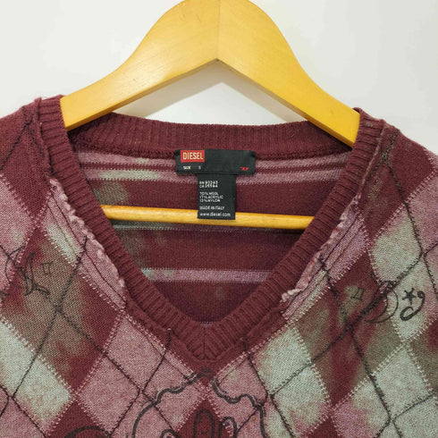 ディーゼル DIESEL 00s Y2K アーガイル/ボーダー 切替 フリンジ Vネック ニットセーター メンズ import:S