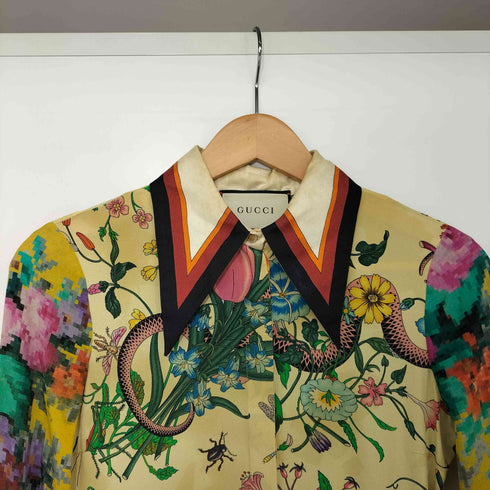 グッチ GUCCI シルク100 総柄 ピクセルブーケ ギャザー ワンピース レディース EUR:38