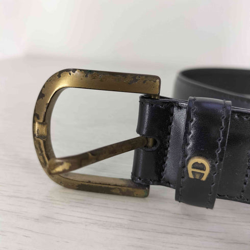 アイグナー AIGNER イタリア製 ゴールドバックル ロゴプレート レザー ベルト メンズ 2 W 80/32