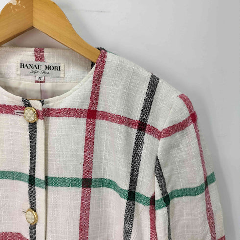 ハナエモリ HANAE MORI レーヨンシルク ノーカラー ツイード チェック ジャケット レディース JPN:M