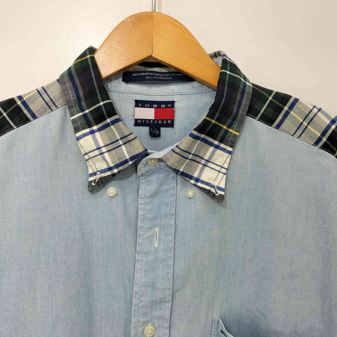 トミーヒルフィガー TOMMY HILFIGER 90s エンブレム 刺繍 シャンブレー チェック オックスフォード 切替 ボタンダウン L/S シャツ メンズ import:L