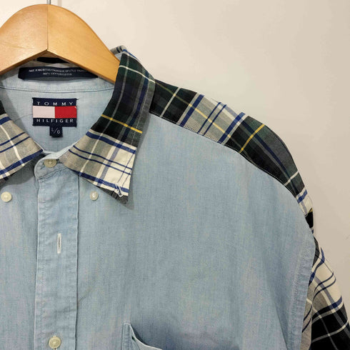 トミーヒルフィガー TOMMY HILFIGER 90s エンブレム 刺繍 シャンブレー チェック オックスフォード 切替 ボタンダウン L/S シャツ メンズ import:L