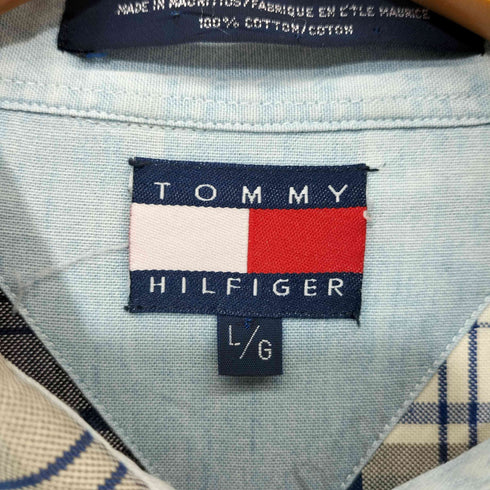 トミーヒルフィガー TOMMY HILFIGER 90s エンブレム 刺繍 シャンブレー チェック オックスフォード 切替 ボタンダウン L/S シャツ メンズ import:L