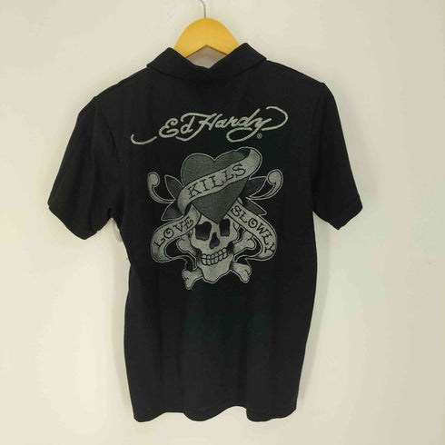エドハーディー Ed Hardy スカル 両面ロゴプリント 鹿の子 ポロシャツ Y2K メンズ import:L