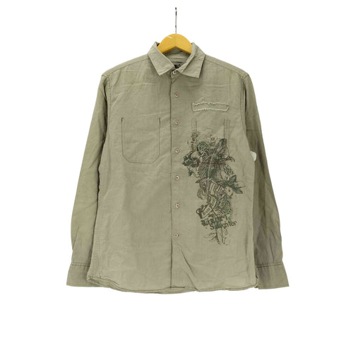 プリント カットオフ リネン コットン L/S シャツ メンズ