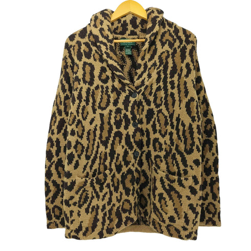 ローレンラルフローレン LAUREN RALPH LAUREN 90s ラムウール100 ハンドニット レオパード ネイティブ ショールカラー カーディガン レディース import:S