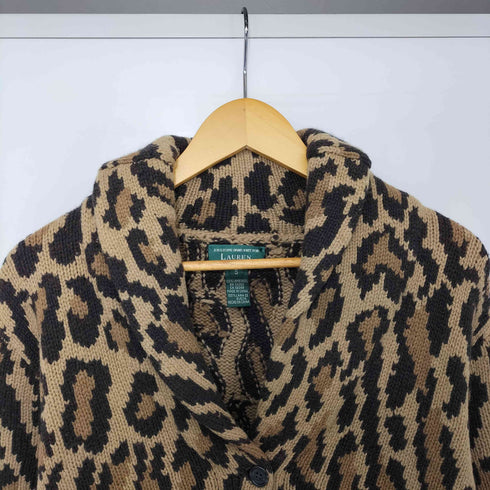 ローレンラルフローレン LAUREN RALPH LAUREN 90s ラムウール100 ハンドニット レオパード ネイティブ ショールカラー カーディガン レディース import:S
