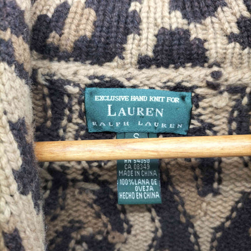 ローレンラルフローレン LAUREN RALPH LAUREN 90s ラムウール100 ハンドニット レオパード ネイティブ ショールカラー カーディガン レディース import:S