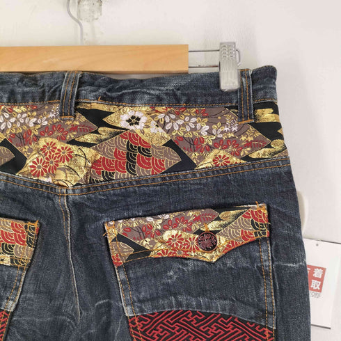 稚結 和柄刺繍 デニムパンツ メンズ 79