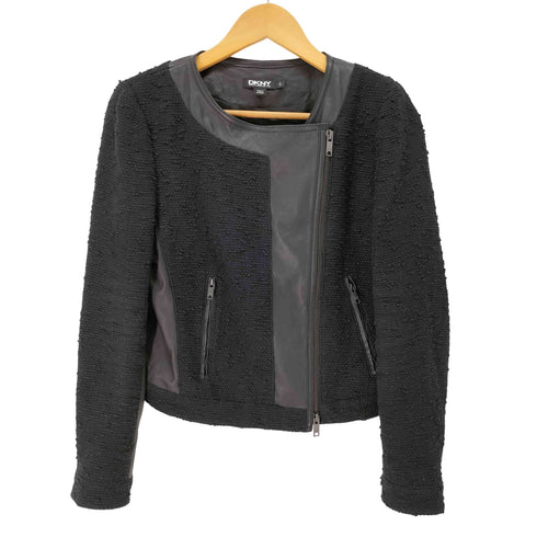 ダナキャランニューヨーク DKNY 羊革 レザー切替 ツイードジャケット レディース import:S