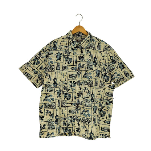 Hilo Hattie スリランカ製 亀 ギター 総柄 コットン アロハシャツ メンズ import:XL