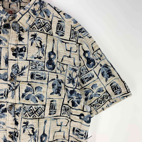 Hilo Hattie スリランカ製 亀 ギター 総柄 コットン アロハシャツ メンズ import:XL