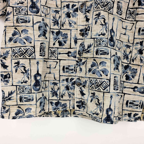 Hilo Hattie スリランカ製 亀 ギター 総柄 コットン アロハシャツ メンズ import:XL