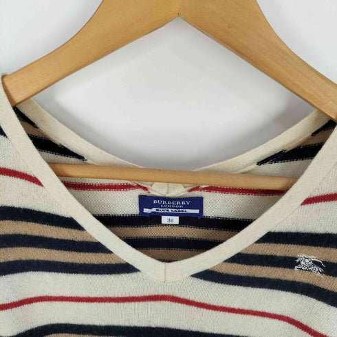 バーバリーロンドン BURBERRY LONDON ホース刺繍 カシミヤ混 ウール ボーダー 裾リボン Vネックニット レディース JPN:38