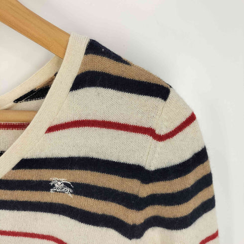 バーバリーロンドン BURBERRY LONDON ホース刺繍 カシミヤ混 ウール ボーダー 裾リボン Vネックニット レディース JPN:38