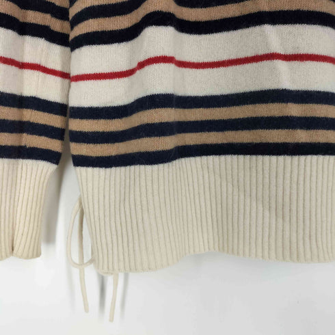 バーバリーロンドン BURBERRY LONDON ホース刺繍 カシミヤ混 ウール ボーダー 裾リボン Vネックニット レディース JPN:38