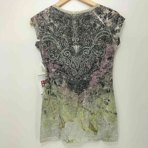 USA製 Y2K 総柄 ラインストーン S/S Tシャツ レディース import:M