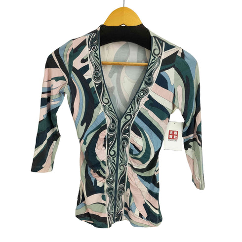 エミリオプッチ EMILIO PUCCI レーヨン混 総柄 フロントギャザーVネックトップス レディース US:4