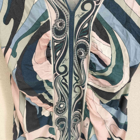 エミリオプッチ EMILIO PUCCI レーヨン混 総柄 フロントギャザーVネックトップス レディース US:4