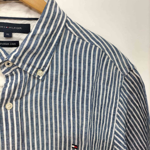 トミーヒルフィガー TOMMY HILFIGER リネン100 ストライプ マチ付 ボタンダウン S/S シャツ メンズ import:XL