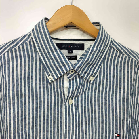トミーヒルフィガー TOMMY HILFIGER リネン100 ストライプ マチ付 ボタンダウン S/S シャツ メンズ import:XL